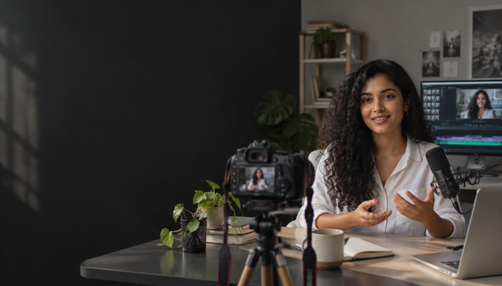 A creator recording a video at her studio desk